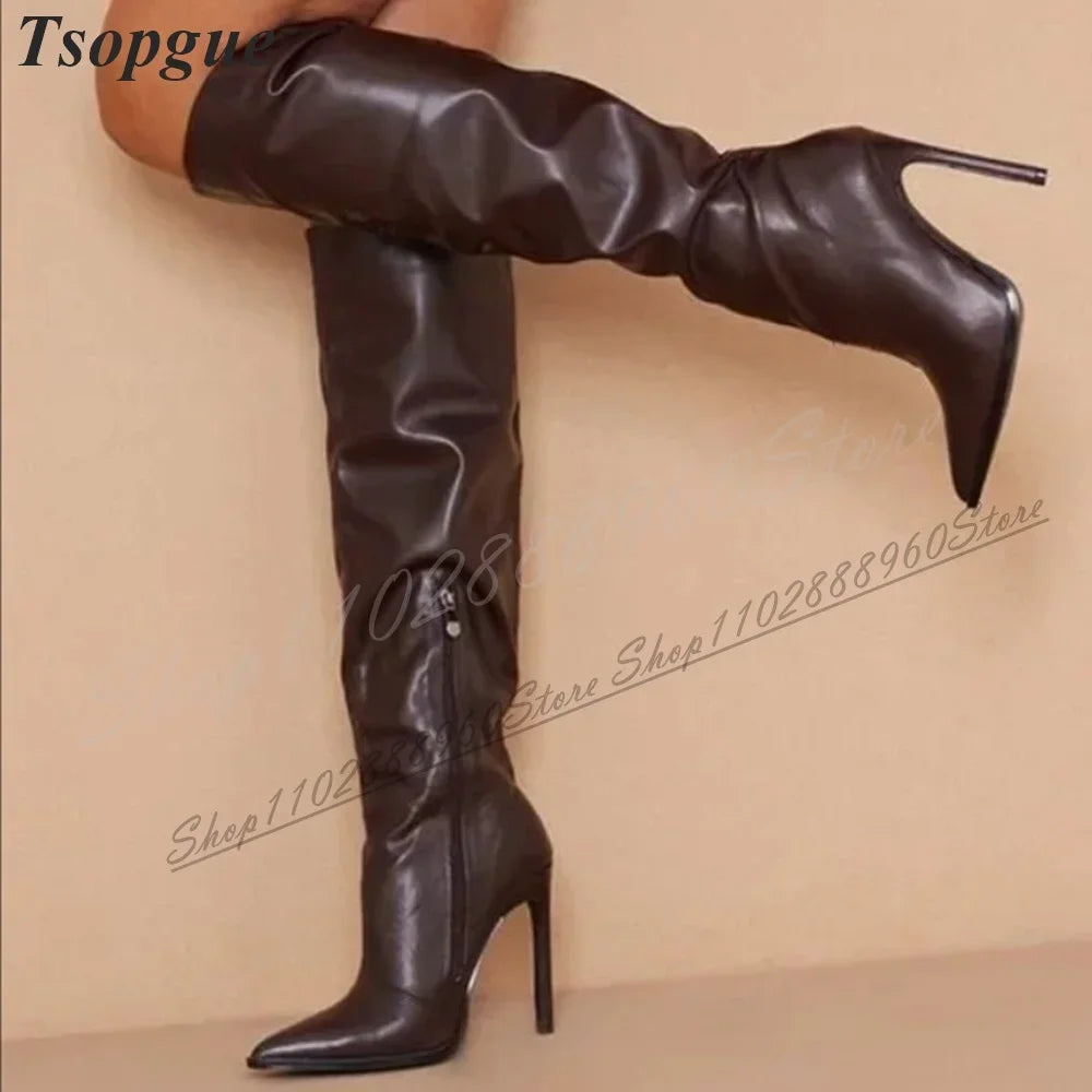 Knee High Coffee Matte Soft Leather Boots Thin High Heel Women Shoes Side Zipper Pointed Toe 2024 Fashion Zapatos Para Mujere