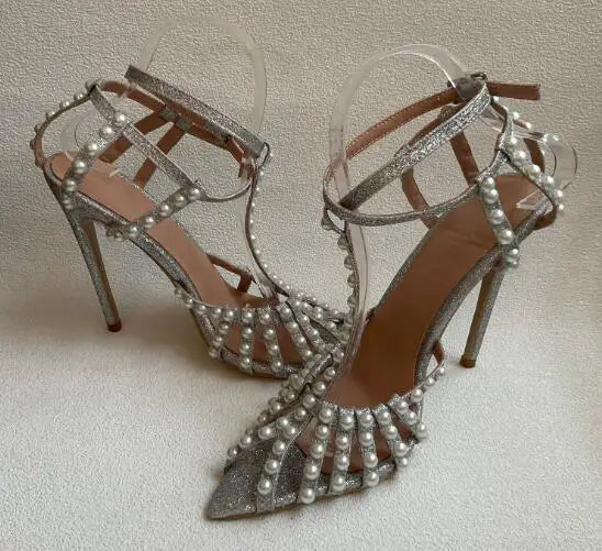 Silver Glitter Pearl Decor T Strap Sandals for Women