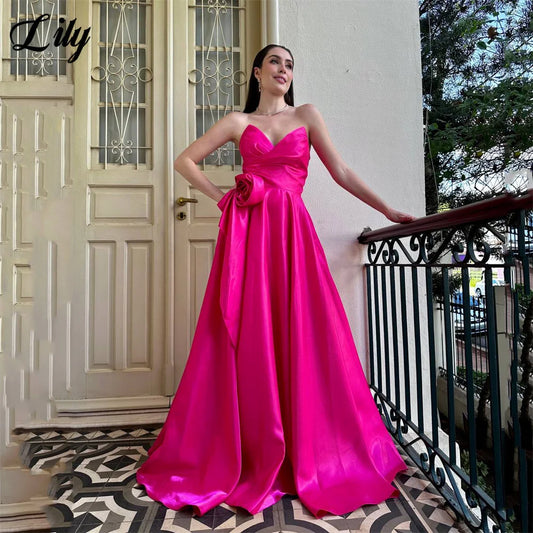 Lily Fuchsia Evening Dress Sweetheart Formal Gown A Line Prom Gown Strapless Night Dresses with Floral robe de bal Customized