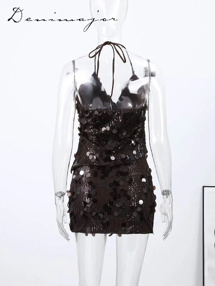 Sequin Halter Two Piece Top and Mini Skirt Set for Women