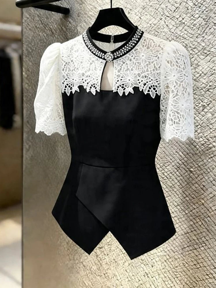 Chic Black Lace Spliced Short Sleeve Summer Shirt For Women