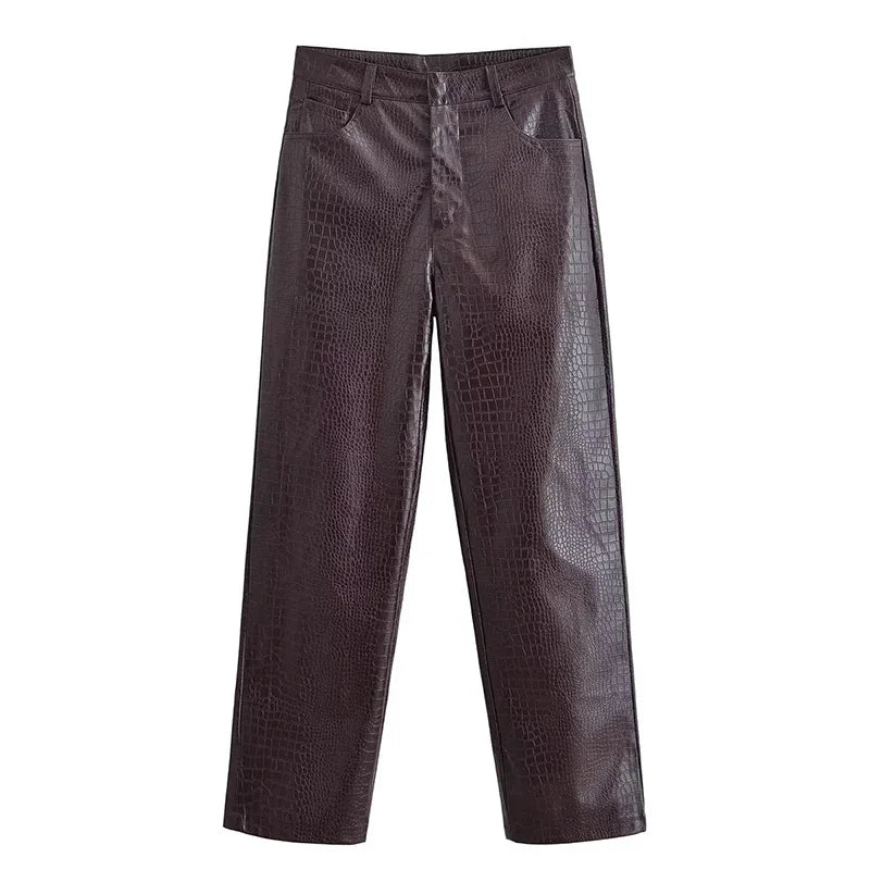 PU Leather Turn-Down Collar Jacket and Pants Set for Women