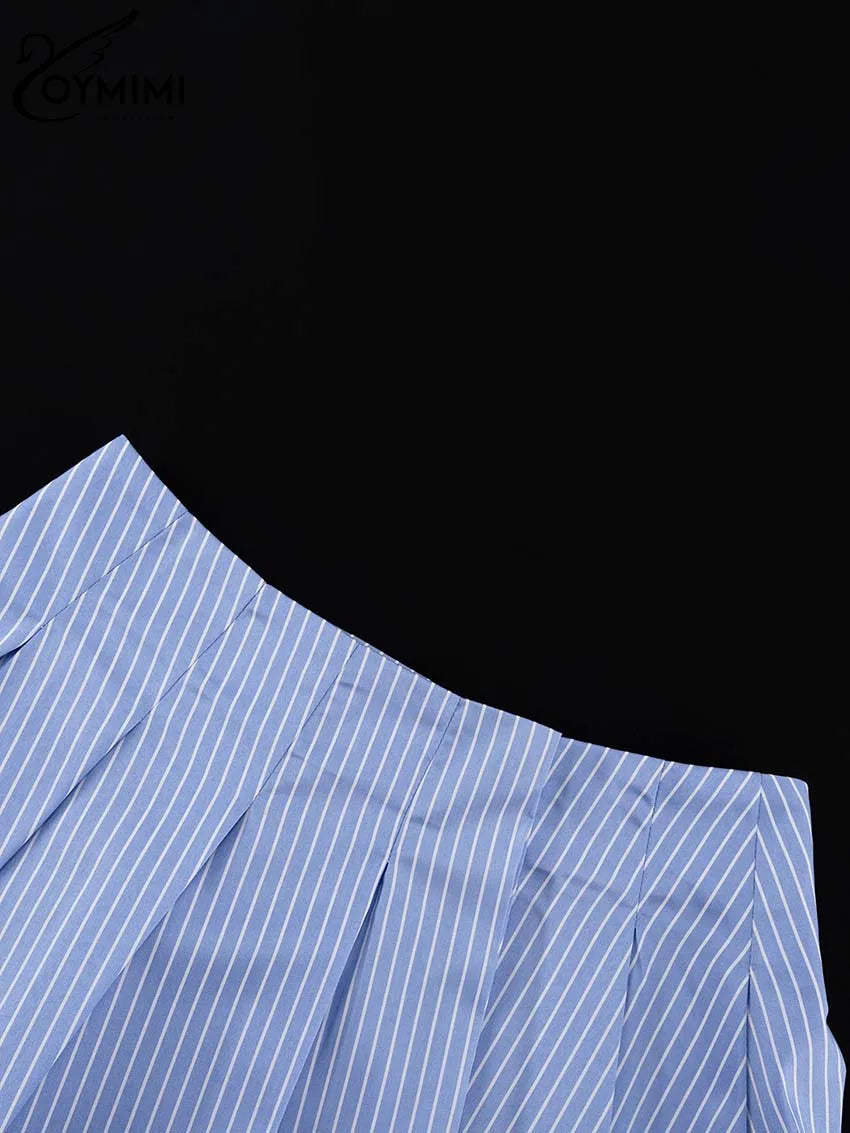 Oymimi Elegant Blue Striped Print Sets For Women 2 Pieces Fashion Long Sleeve Button Crop Tops And High Waist Pleated Skirts Set