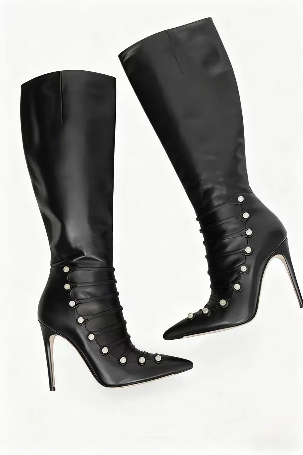 Black Leather Studded Pointed Toe Knee High Boots For Women