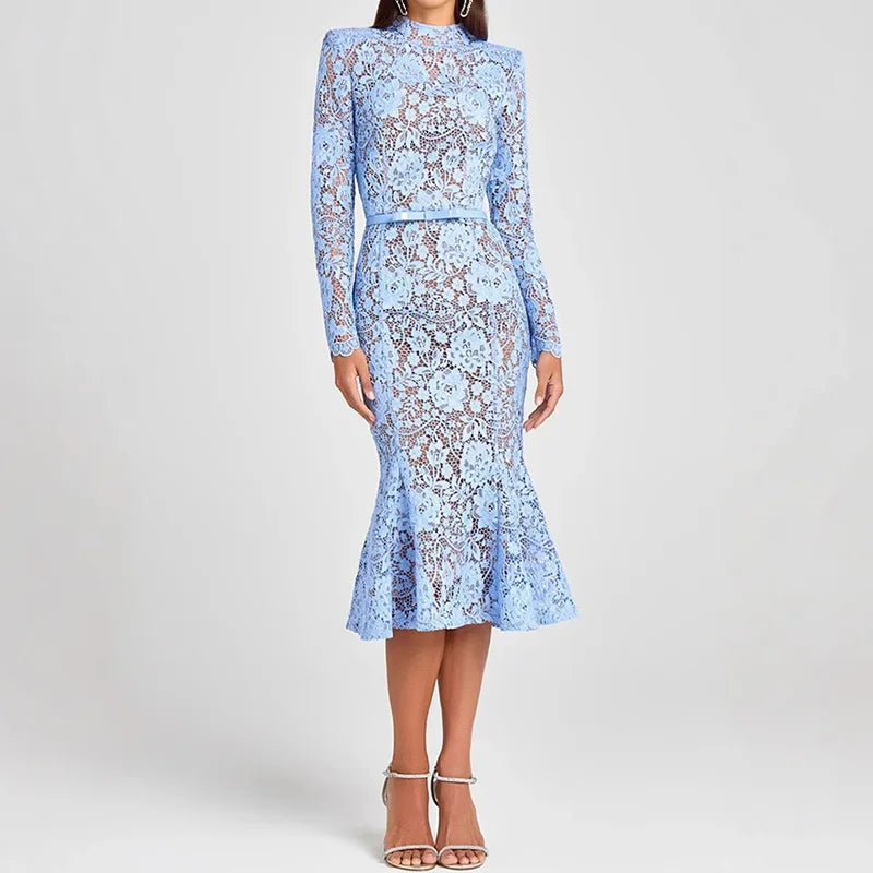 Holiday Round Neck Lace Mini Dress, Women Summer Solid Hollow Out High Street Party Dress, 2025 Full Sleeve Elegant Ladies Dress