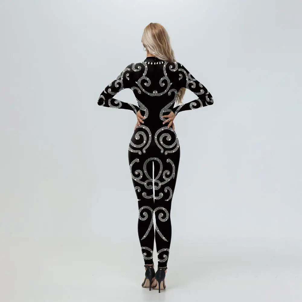 Elegant Skin Color Rhinestone Print Jumpsuit for Women