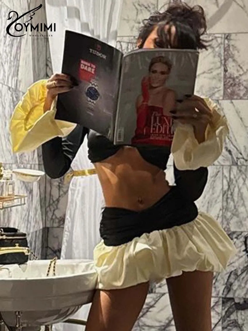 Oymimi Fashion Black Satin 2 Piece Sets Woman Outfits Elegant Long Sleeve Patchwork Zipper Crop Tops And Pleated Mini Skirts Set