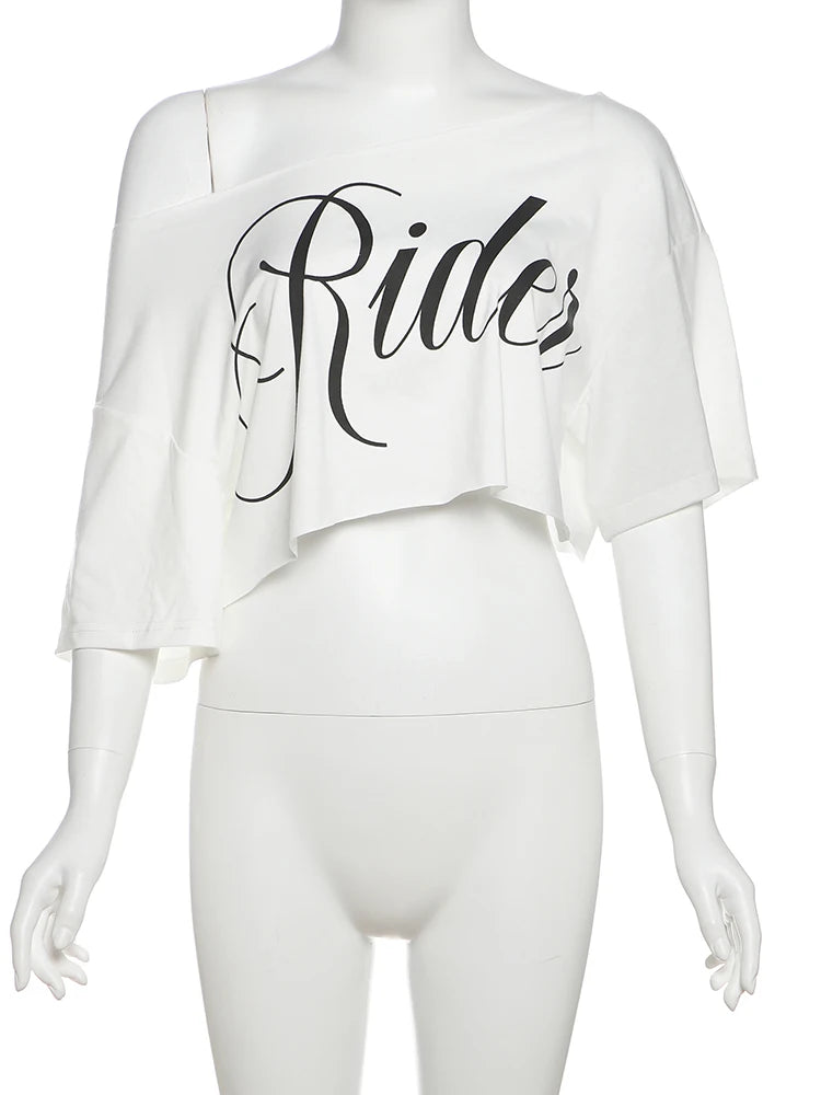 Nibber Loose Letter Print Mini t-Shirt Women Summer Trend Biased Collar Versatile Street Skinny Simple Classic Party Daily Tops