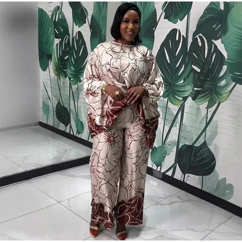 Floral Print Satin Lantern Sleeve Two Piece Set for Women