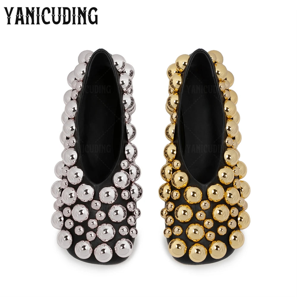 Metallic Stud Embellished Square Toe Ballet Flats for Women