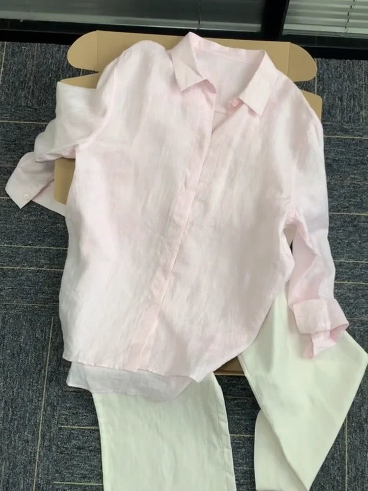 Solid Color V Neck Long Sleeve Casual Blouse for Women