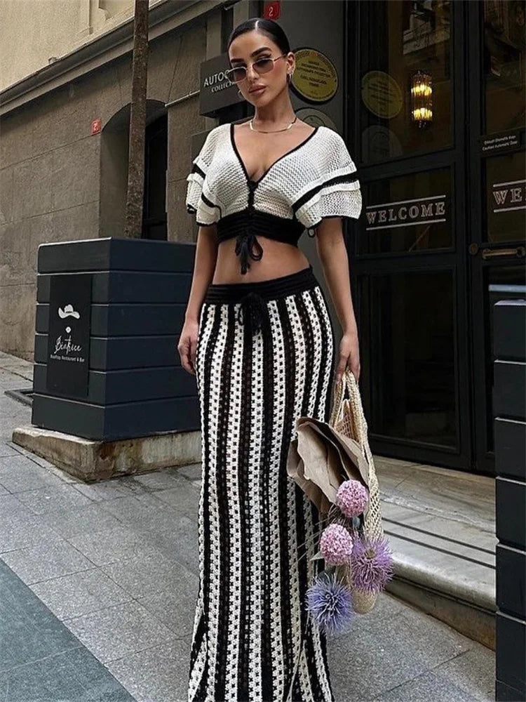 Wmstar Women Two Piece Set Sexy Elegant Knitted Crochet Beach Stripe Crop Tops Long Skirts Matching Set Holiday Birthday Outfits