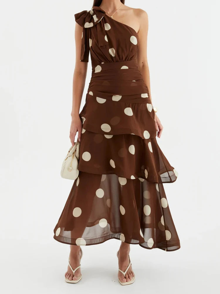 Elegant Polka Dot Ruffle Draped Maxi Dress for Women