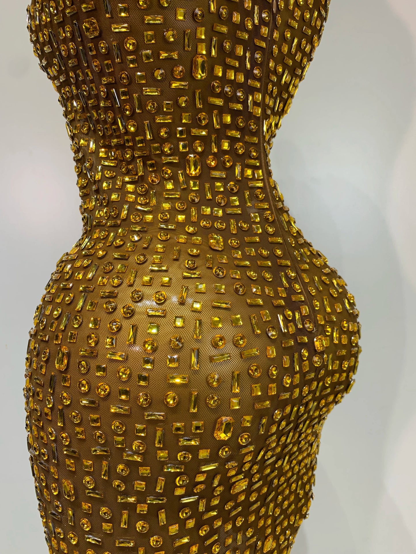 Sparkly Gold Rhinestone Sleeveless Stretch Long Dress Women Sexy Mesh Celebrate Evening Prom Birthday Dress Photo Shoot Wear