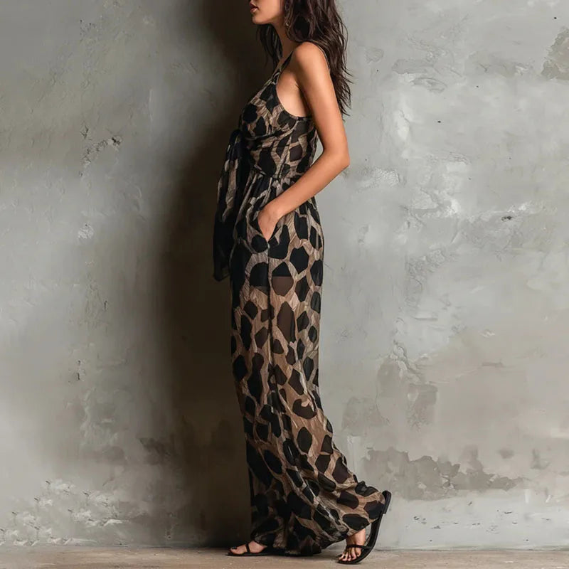 Leopard Print Tie Front Wide Leg Jumpsuit for Women