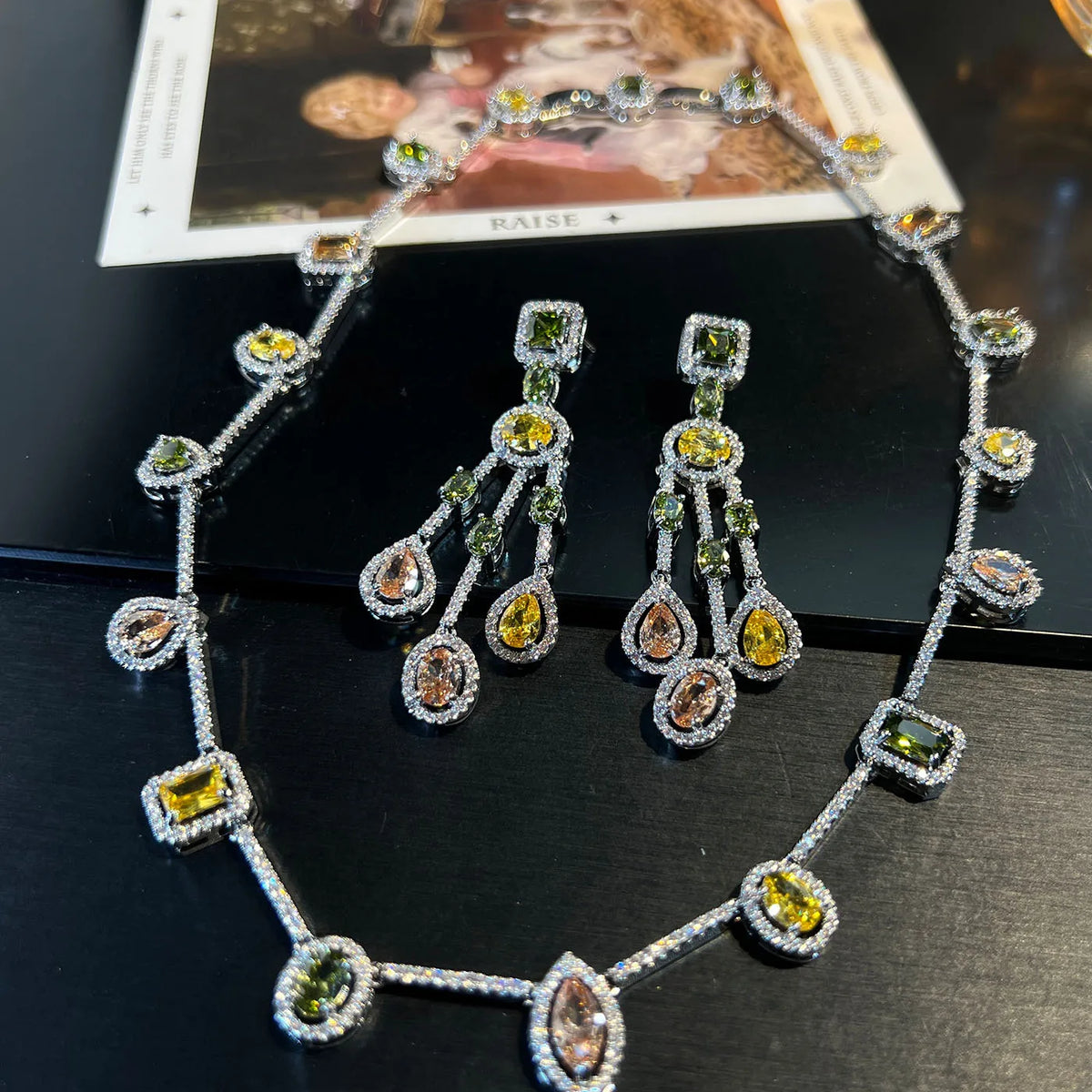 Colorful Zircon Flower Necklace and Earring Set for Women