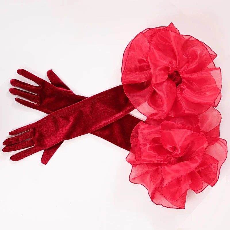 Elegant Velvet Elbow Length Ruffle Gloves for Women