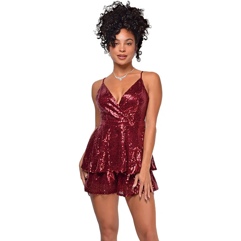 Glitter Sequin Spaghetti Strap Deep V Ruffle Romper for Women