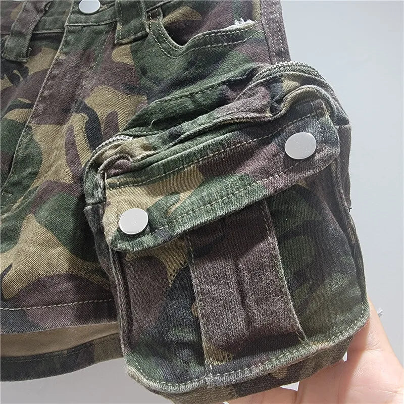 ANJY Summer New Women American Retro Streetwear Camouflage Three-dimensional Pocket Cargo Jeans Casual Trendy Denim Shorts A7672