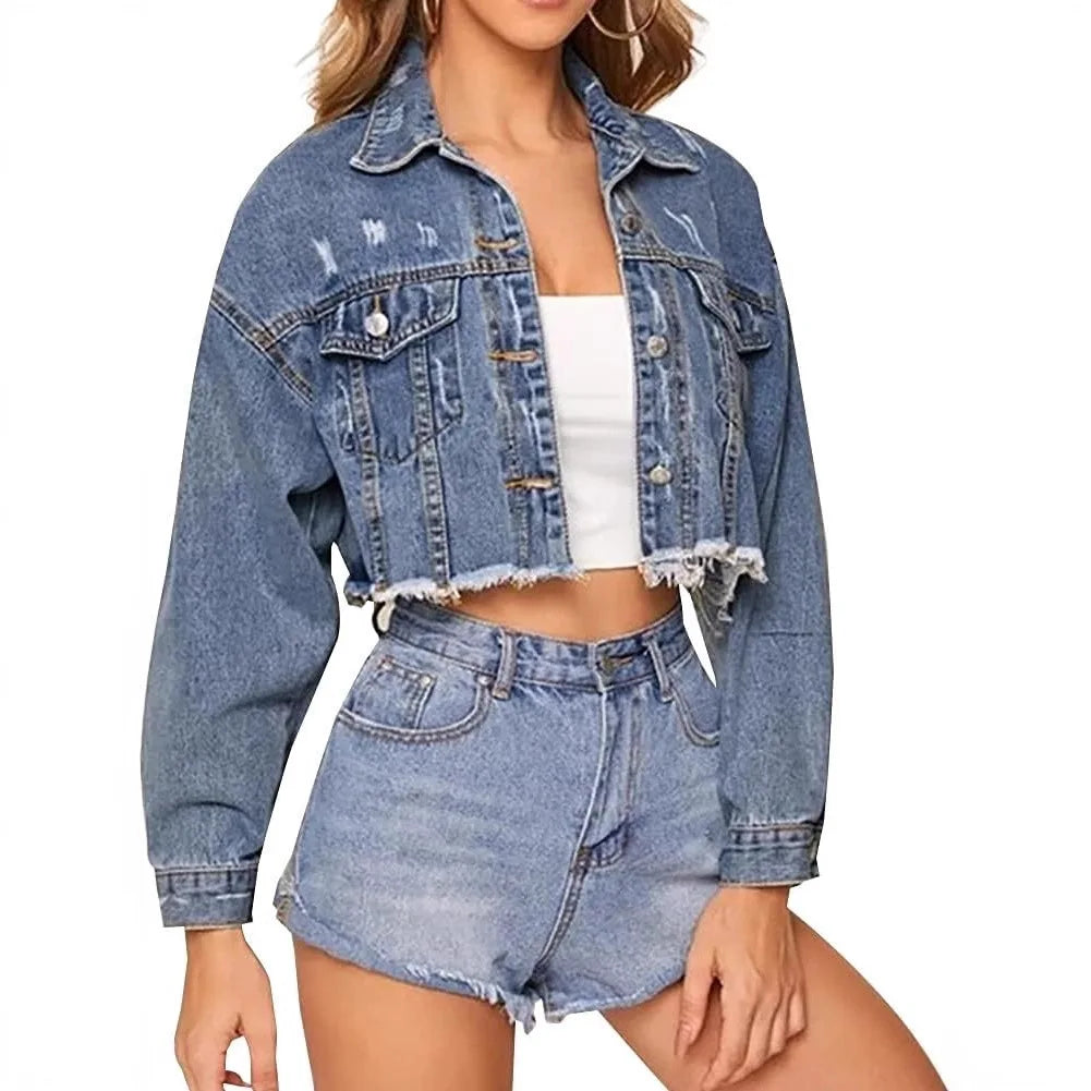 Vintage Distressed Denim Jacket With Turn Down Collar for Women