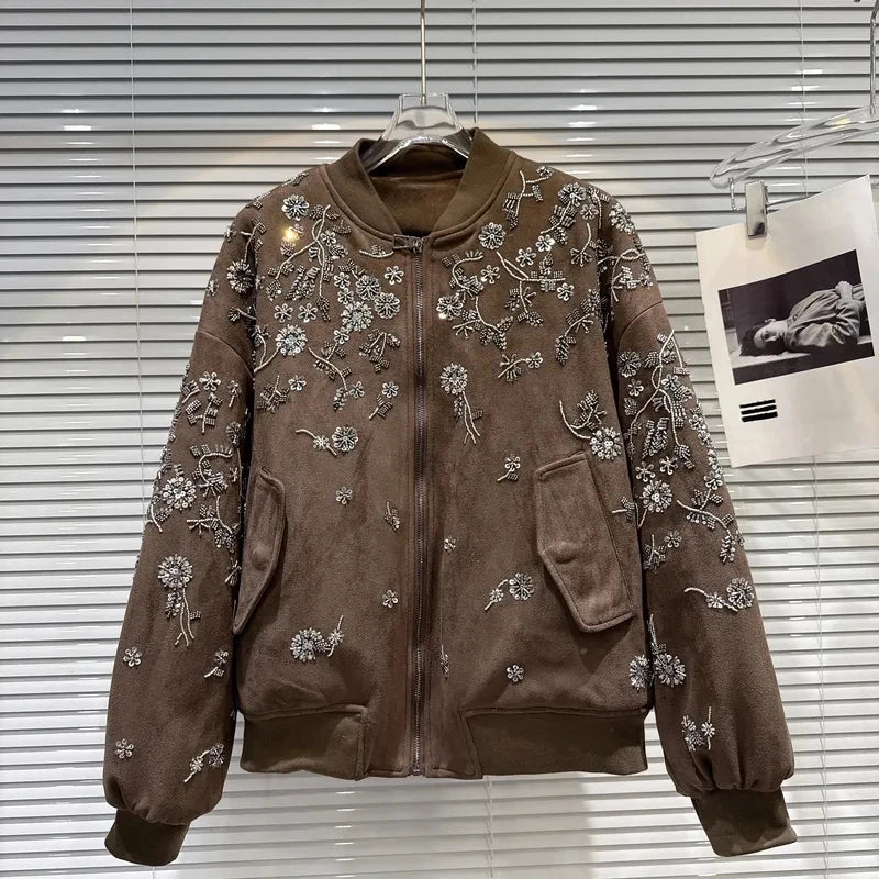 2026 Winter New Coat for Women,Retro Heavy Industry Nail Bead Suede Embroidery Loose Cotton Jacket
