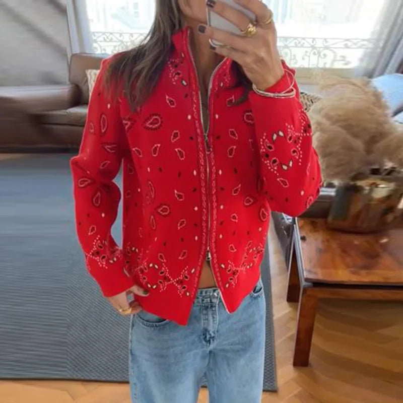 Vintage Printed Knit Stand Collar Zip Cardigan for Women