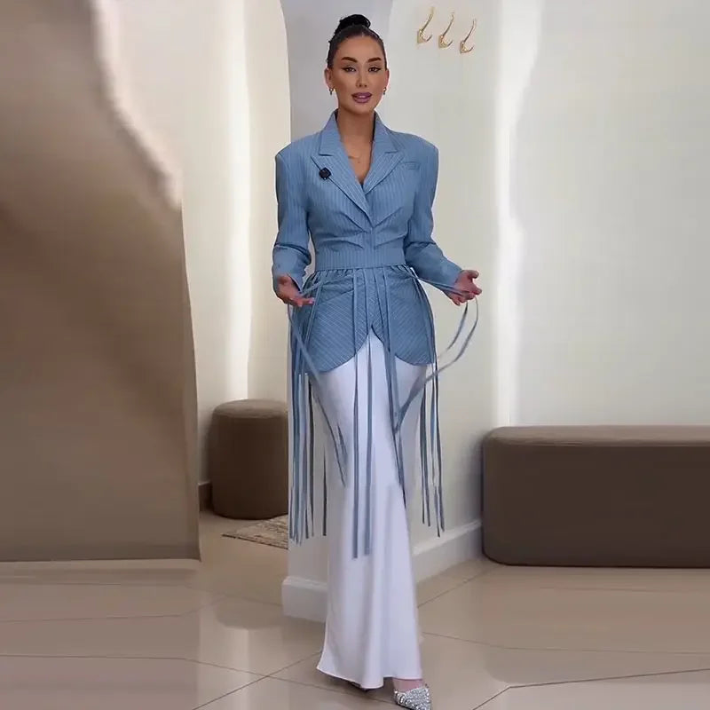 Striped Full Sleeve Blazer With Detachable Tassel Lapel for Women