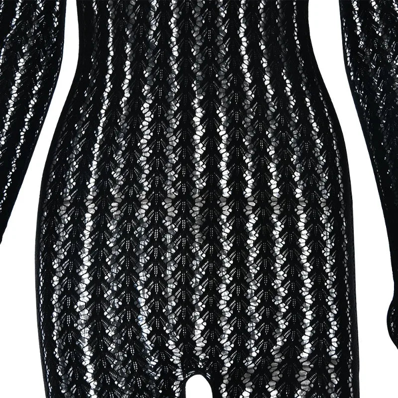 BOOFEENAA See Through Seamless Striped Jacquard One Piece Long Sleeve Jumpsuit Sexy All Black Outfits for Woman Baddie C92-DZ18