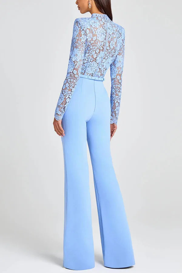 Embroidery Lace Blue Jumpsuits Women Sexy Slim Long-sleeved Belt High Waist Jumpsuit Female 2025 Casual Lady Party Jumpsuits