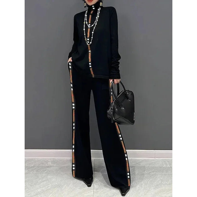 Gymystars Spring Women's trousers Contrast Color T-Shirts New Casual Wide Leg Trousers High Neck T-Shirts Female Tops&Bottoms