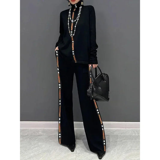 Gymystars Spring Women's trousers Contrast Color T-Shirts New Casual Wide Leg Trousers High Neck T-Shirts Female Tops&Bottoms