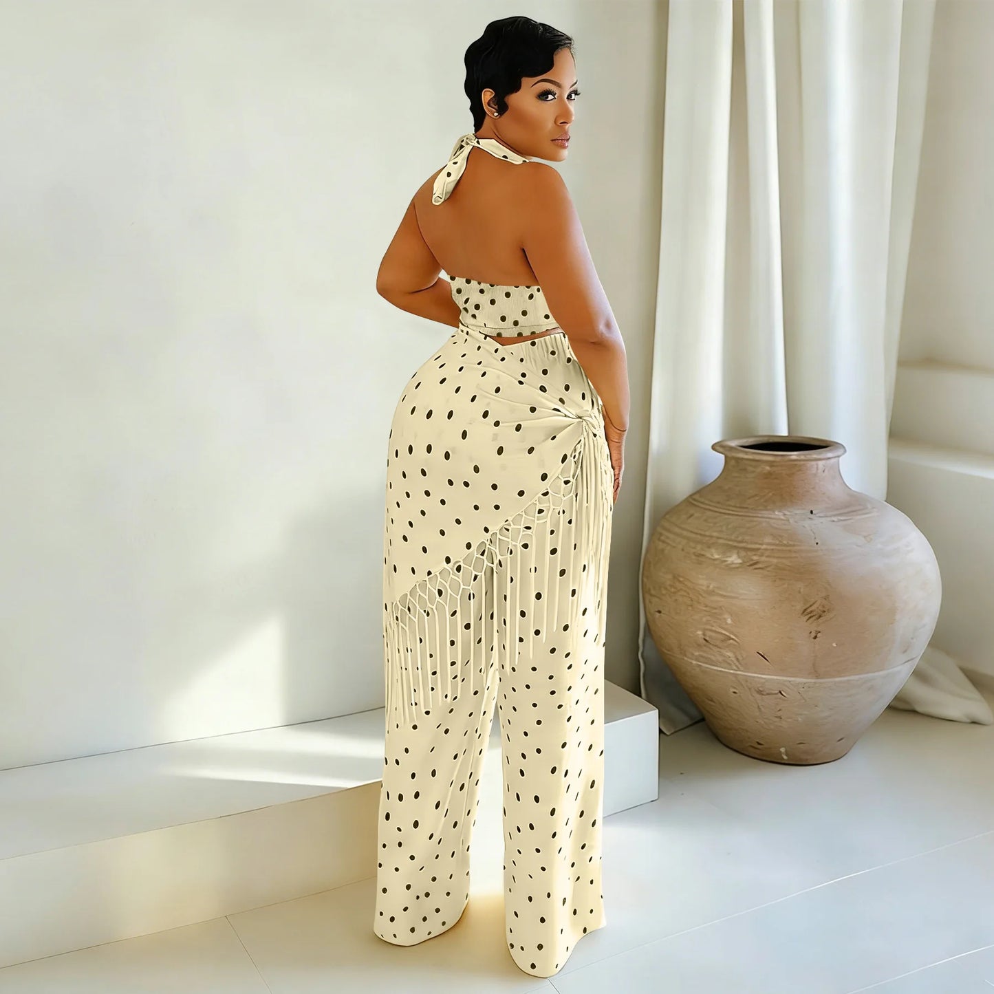 Polka Dot Print Halter Crop Top Tassel Fringe Two Piece Outfit for Women