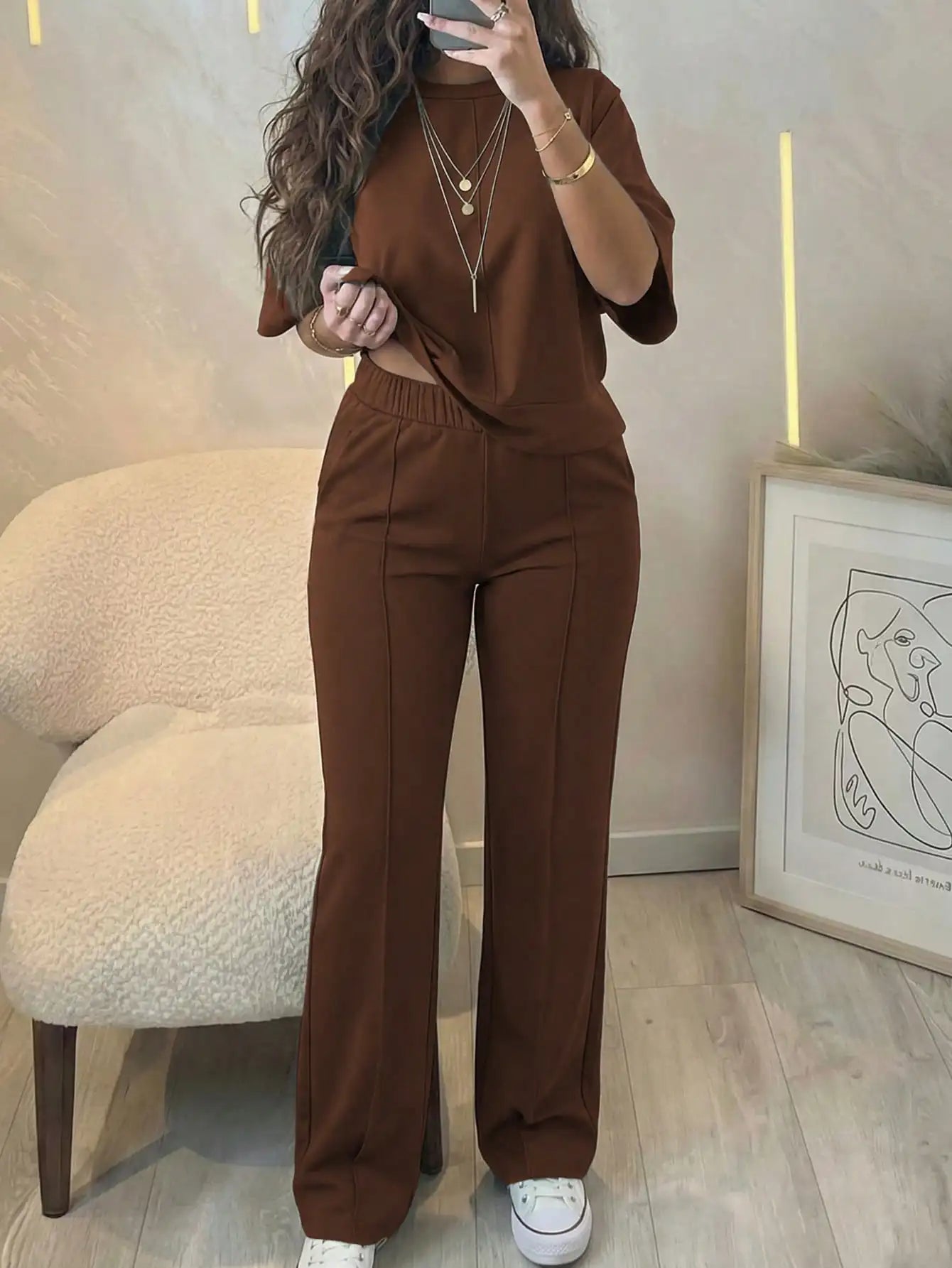 New Spring and Summer Ladies' Set: Comfortable Solid-Color Short-Sleeve Top with Elastic Waist Pocketed Long Pants Two-Piece Set, Soft Stretch Polyester-Acrylic Fabric