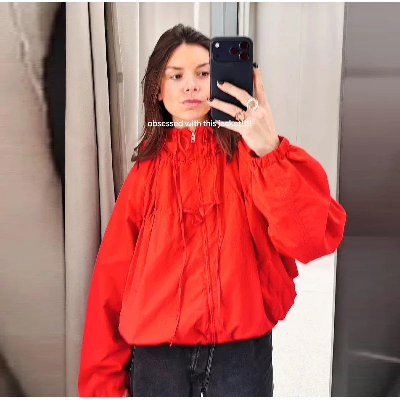 Hooded Zippered Stand Collar Lace-Up Jacket for Women