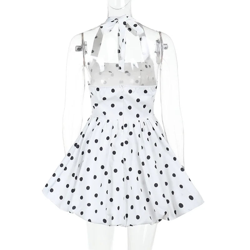 TARUXY Polka Dot Vacation Mini Dress For Women  High Waist A-line Ball Gown Dress Sleeveless Halter Neck Female Summer Fashion