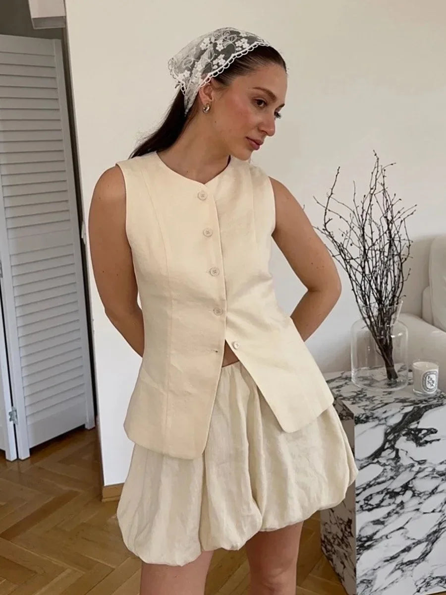 Casual Cotton Sleeveless Mini Skirt And Top Set for Women