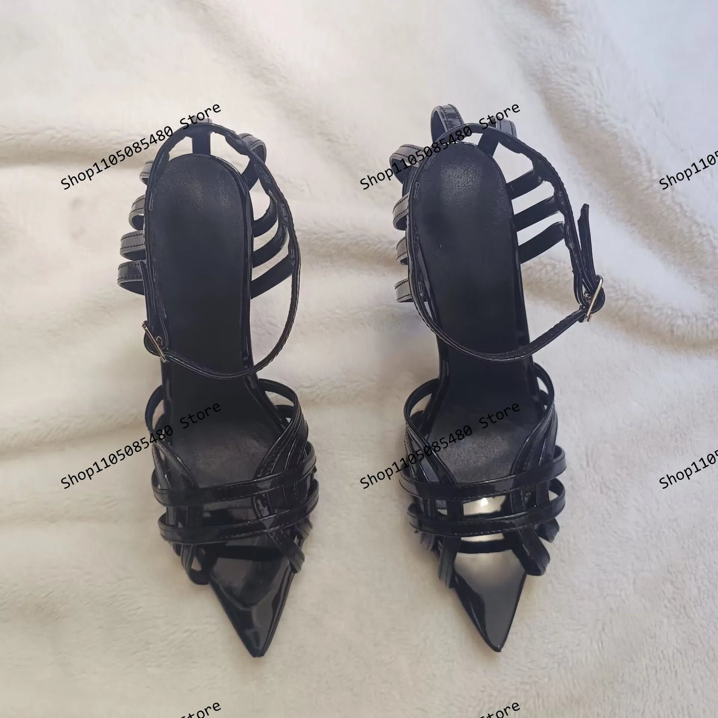 Black Patent Leather Cross Strap Caged Pointed Toe High Heel Sandals for Women