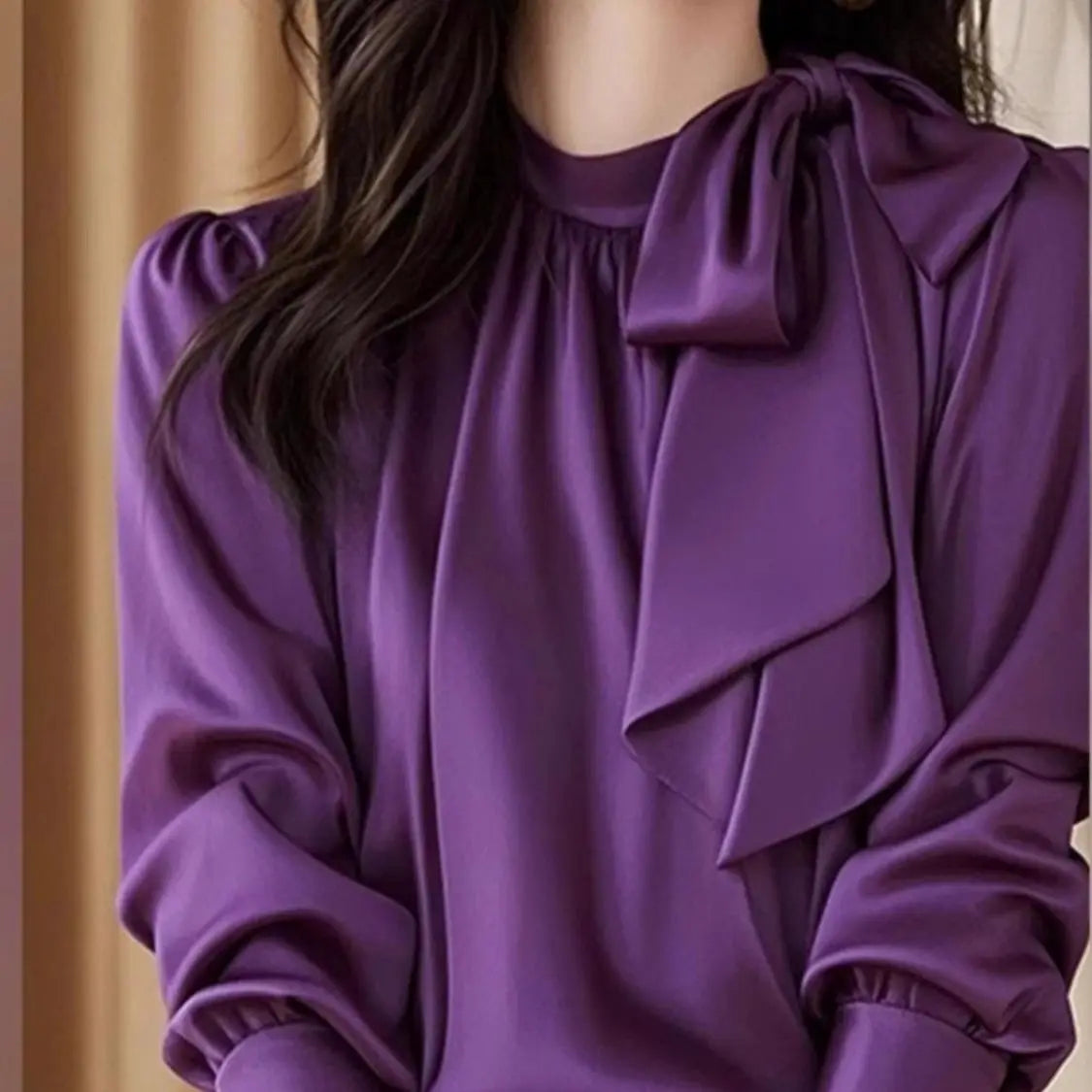 Elegant Purple Satin Blouse With Delicate Bow Accent For Women