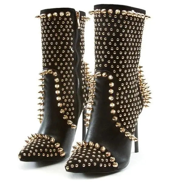 Punk Style Pointed Toe Rivet Side Zipper Mid-Calf Boots for Women