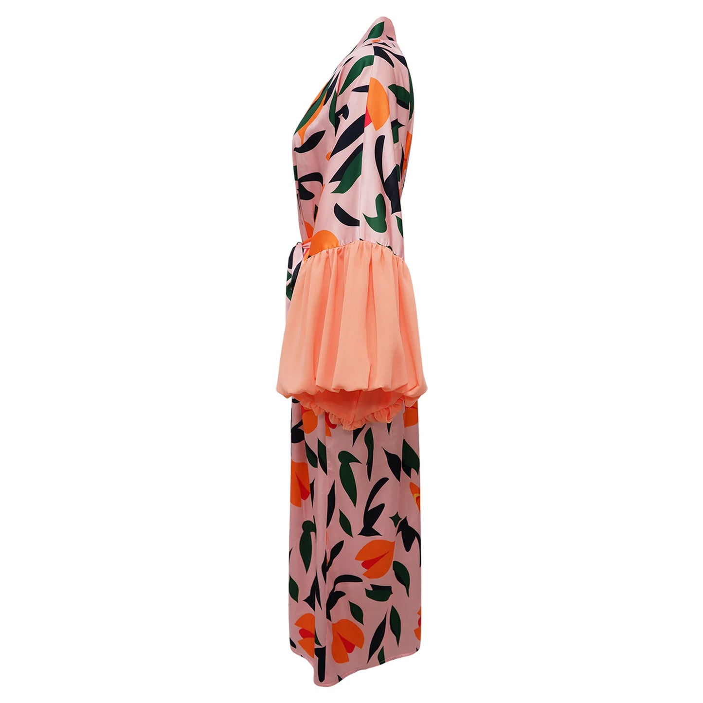 Vintage Floral Printed Chiffon Long Cardigan With Ruffle Sleeves for Women