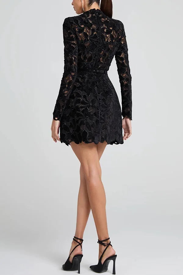 Long Sleeve Simple Elegant Mini Dress, Women Spring Autumn O Neck Sweet Party Dress, Solid Patchwork Hollow Ladies Dress