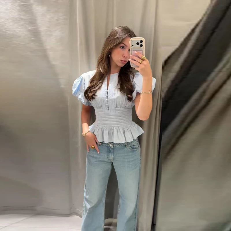 Elegant Puff Sleeve Cinched Waist Solid Color Blouse for Women
