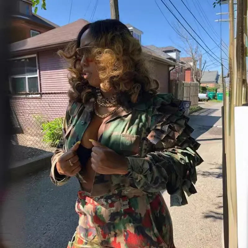 Cascading Ruffled Camouflage Crop Jacket for Women