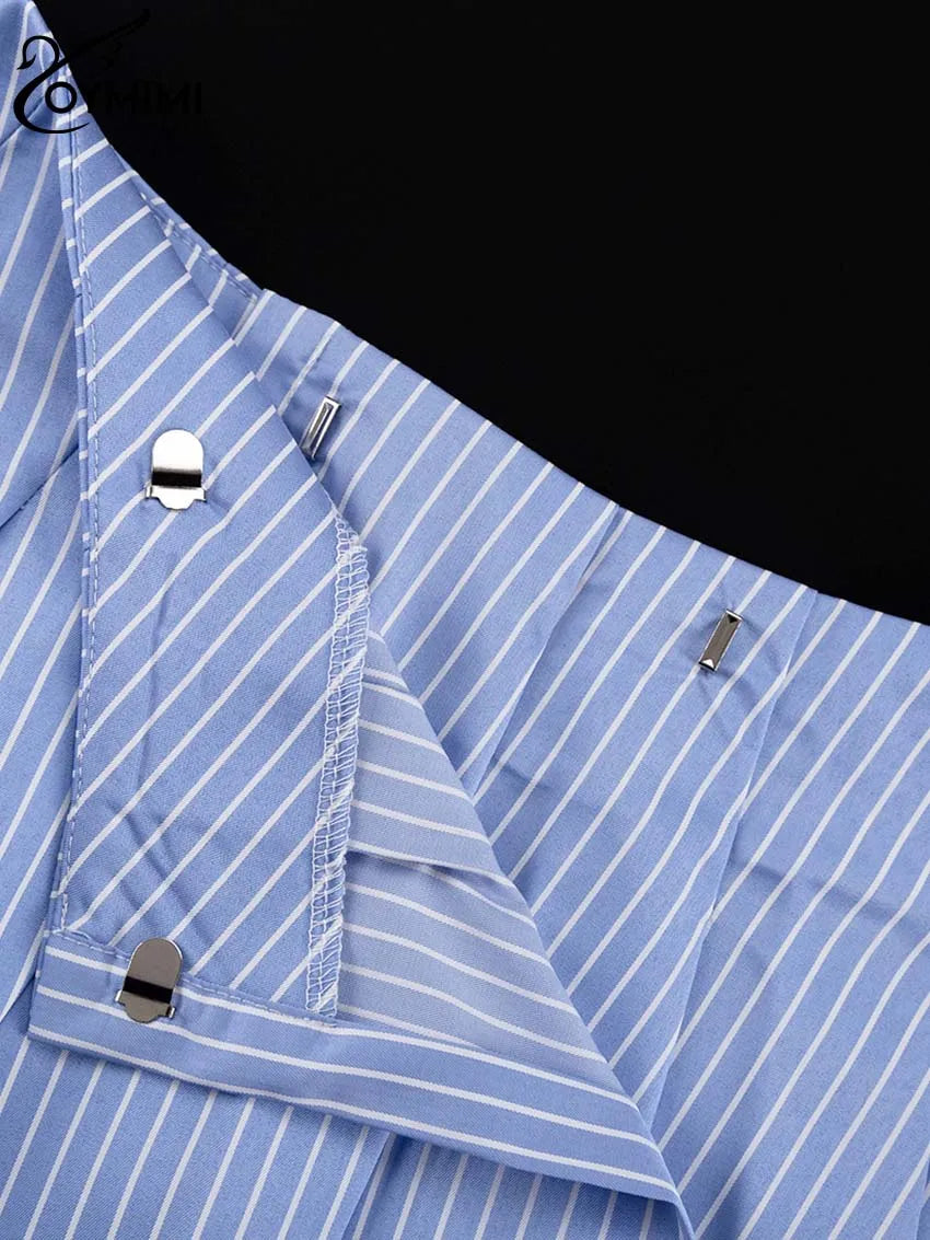 Oymimi Elegant Blue Striped Print Sets For Women 2 Pieces Fashion Long Sleeve Button Crop Tops And High Waist Pleated Skirts Set