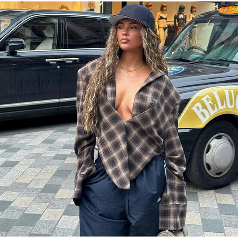 Chic Tailored Plaid Women's Shirts Unique Laple Contrast Full Sleeve Oversize Female Blouse 2025 Autumn Fashion Lady Streetwears