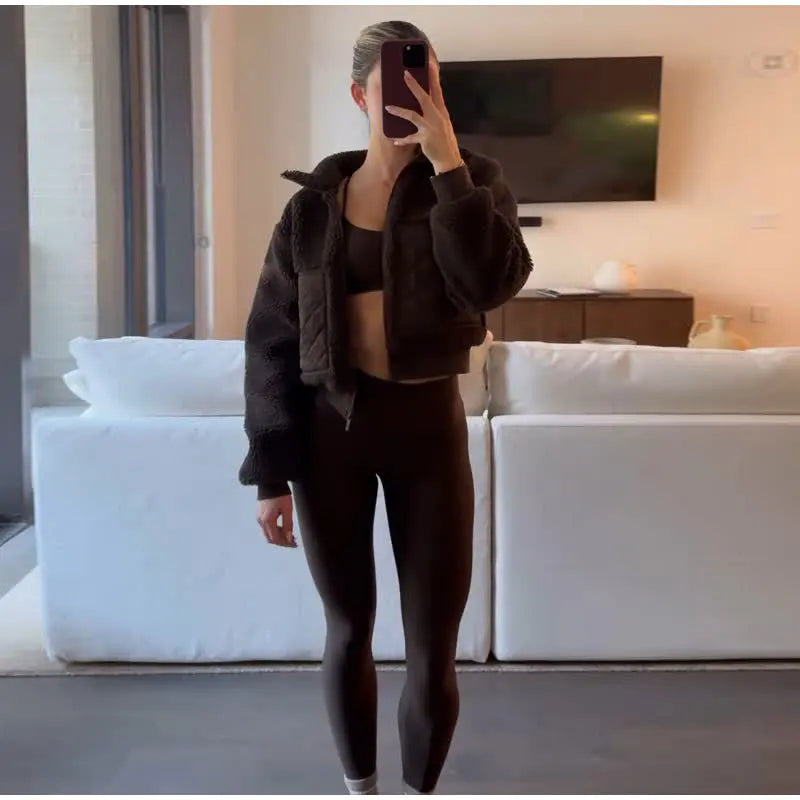 Elegant Lamb Women's Coat Vintage Stand Collar Thicken Full Sleeve Pockets Jacket Female 2025 Autumn Winter Woman Coats Outwears