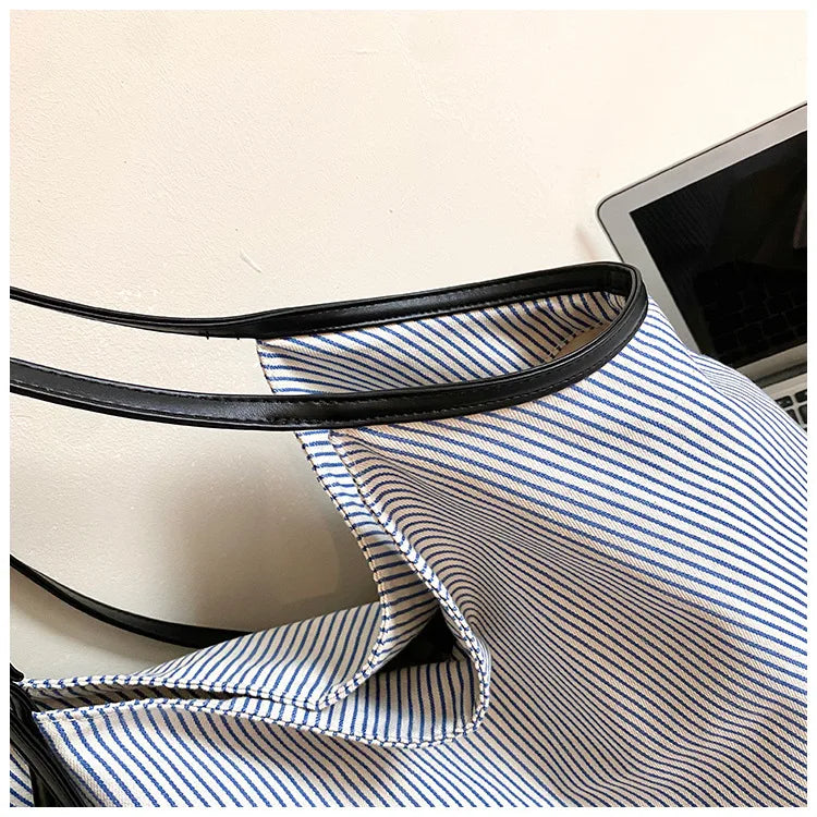 Casual Stripe Canvas Lightweight Shoulder Tote Bag for Women