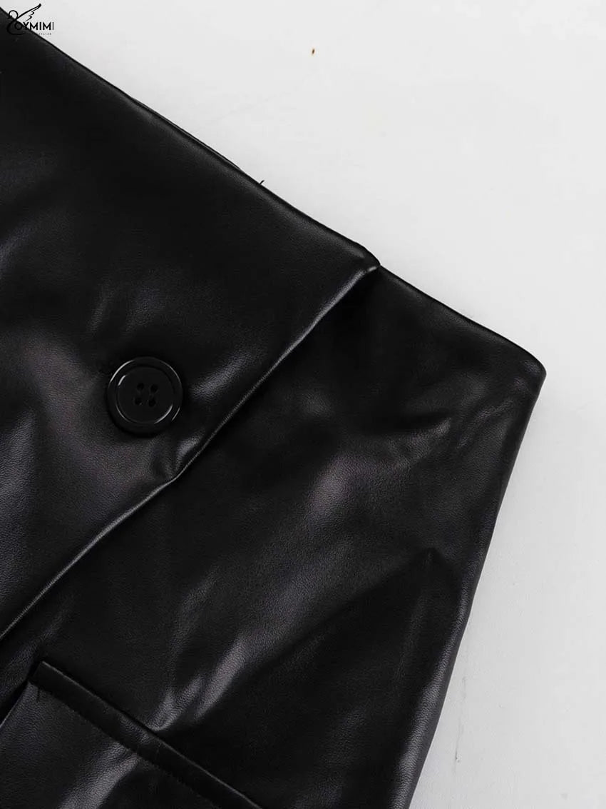 Oymimi Casual Black Pu Leather Skirts For Woman Elegant Button High Waisted Skirts Fashion Pockets Straight Skirt Streetwear