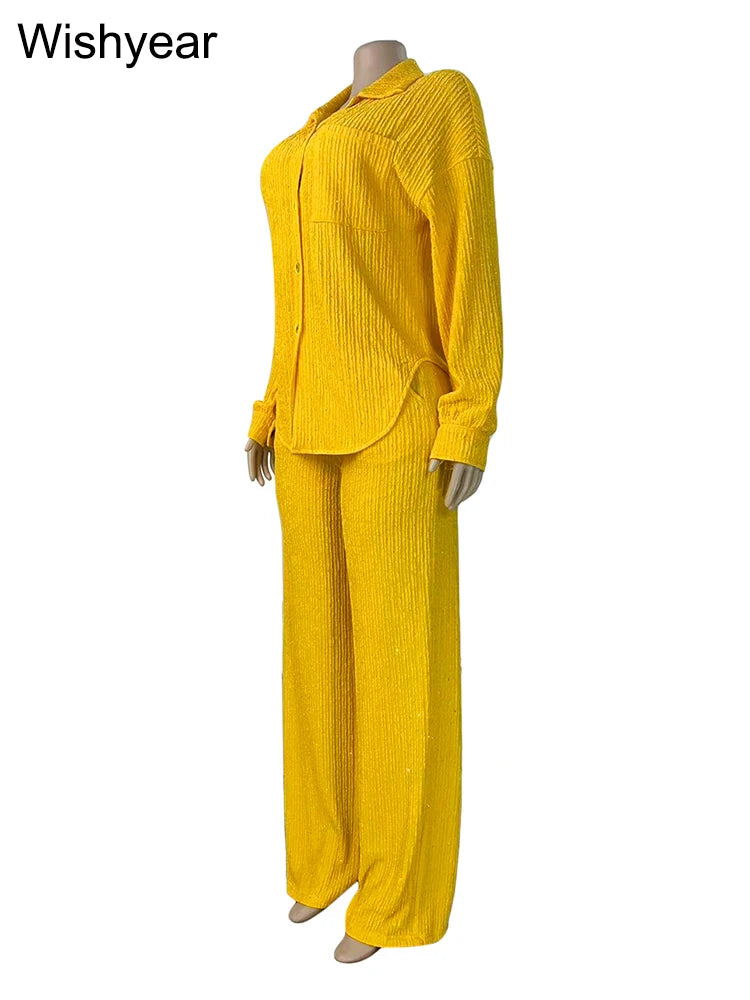 Yellow Sequin Two Piece Long Sleeve Pants Set for Women