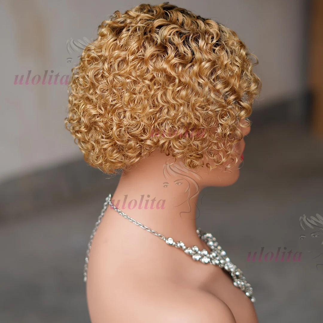 Ombre Pixie Cut Curly Bob Human Hair Wig for Women